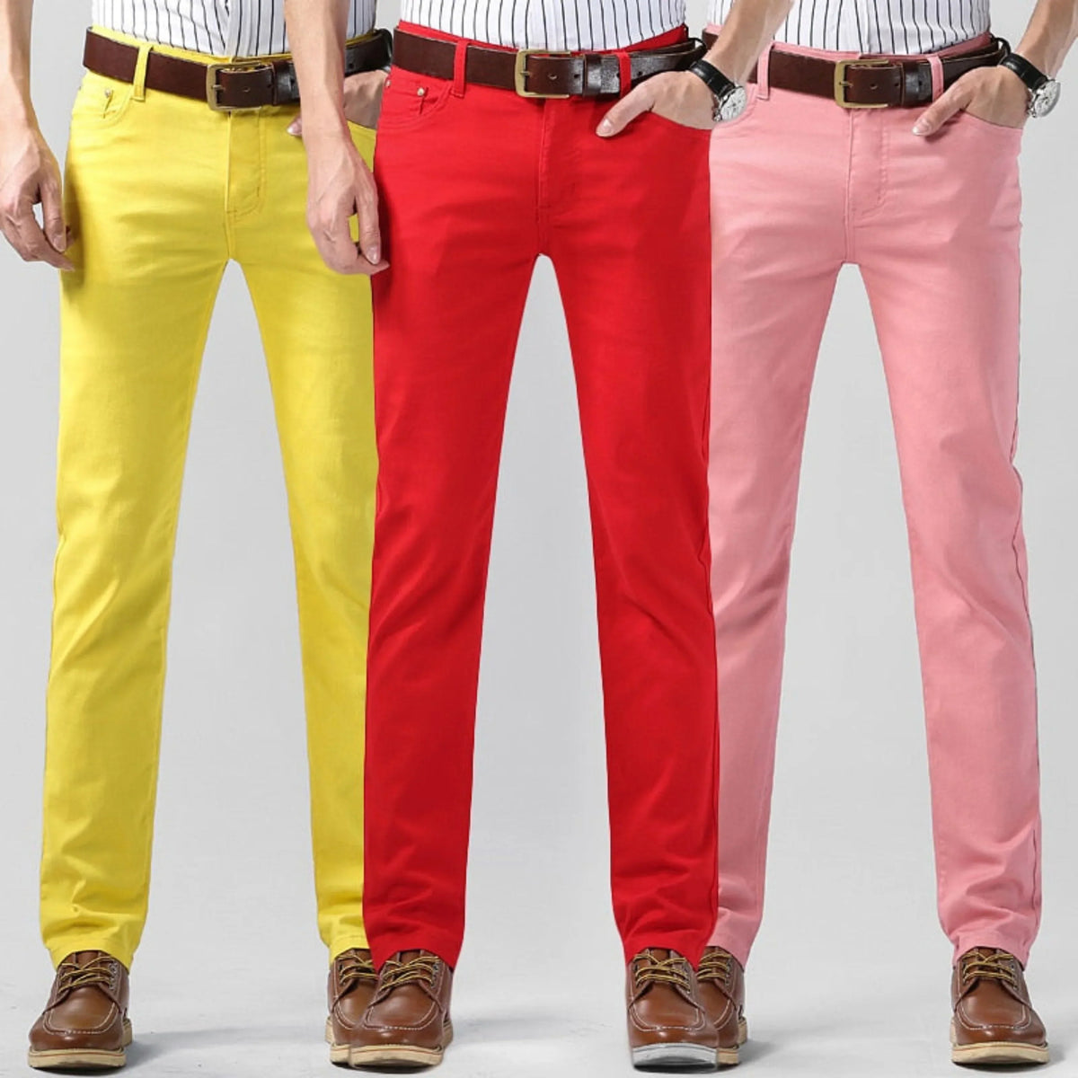 Pantalon homme extensible coupe droite, rose, jaune ou rouge