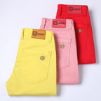 Pantalon homme extensible coupe droite, rose, jaune ou rouge