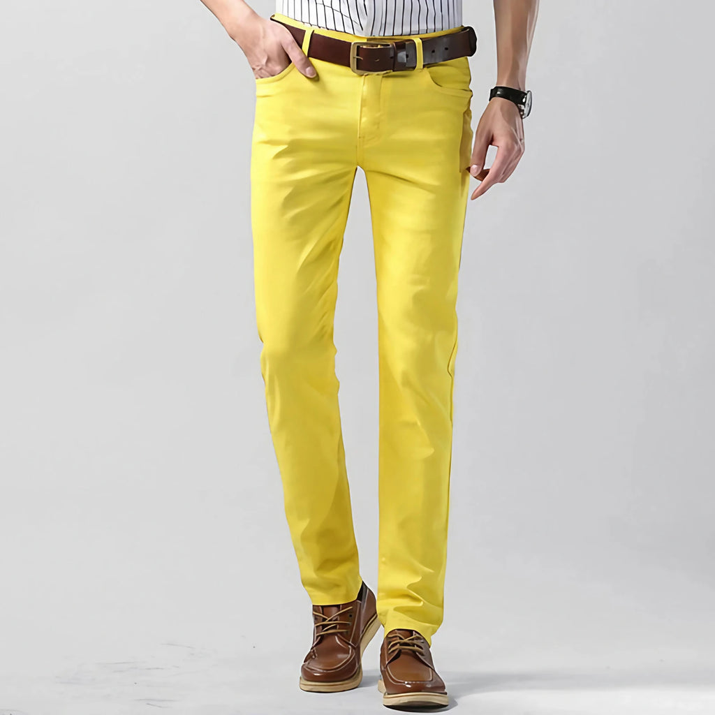 Pantalon homme extensible coupe droite, rose, jaune ou rouge, jaune