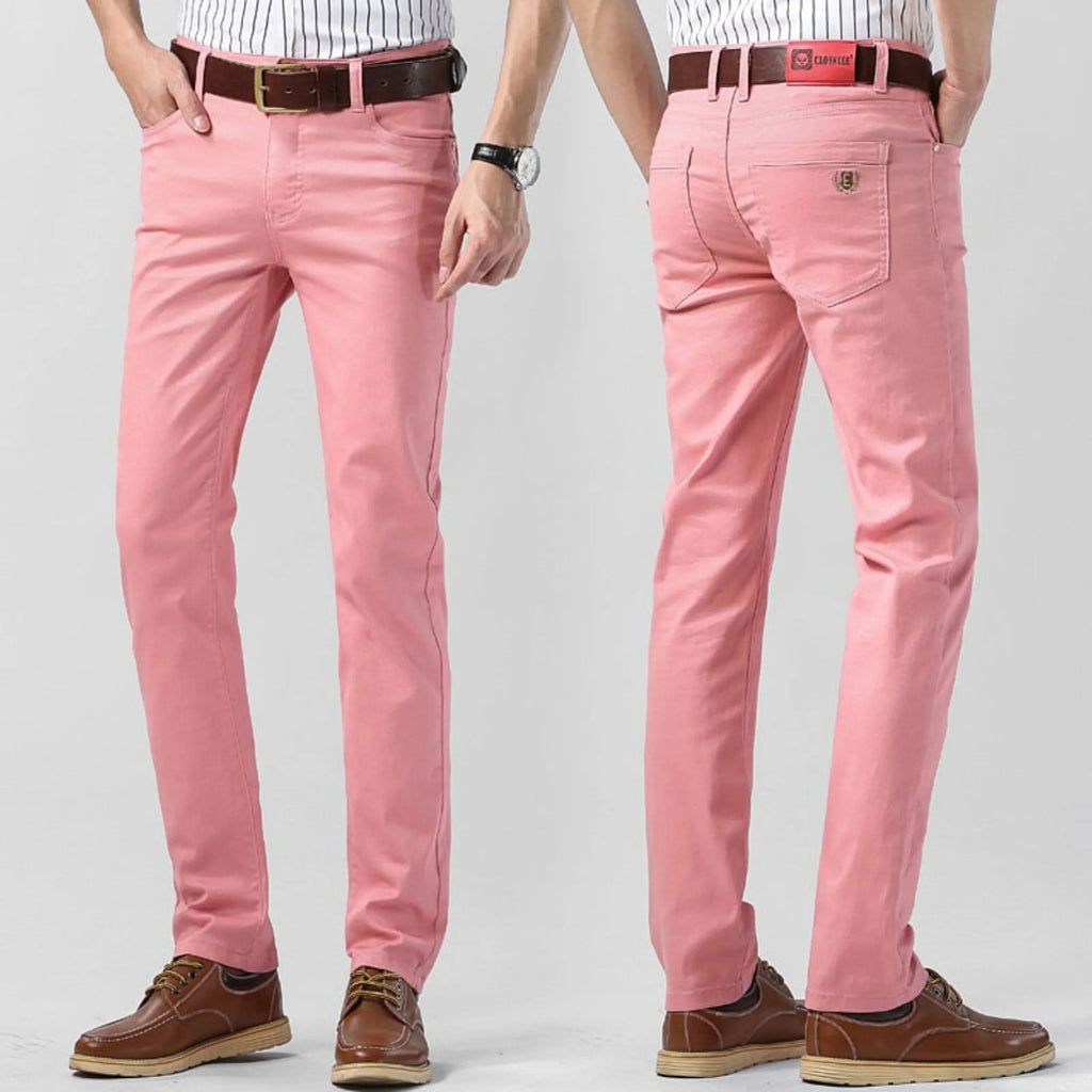 Pantalon homme extensible coupe droite, rose, jaune ou rouge