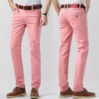 Pantalon homme extensible coupe droite, rose, jaune ou rouge