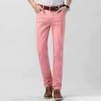 Pantalon homme extensible coupe droite, rose, jaune ou rouge, rose
