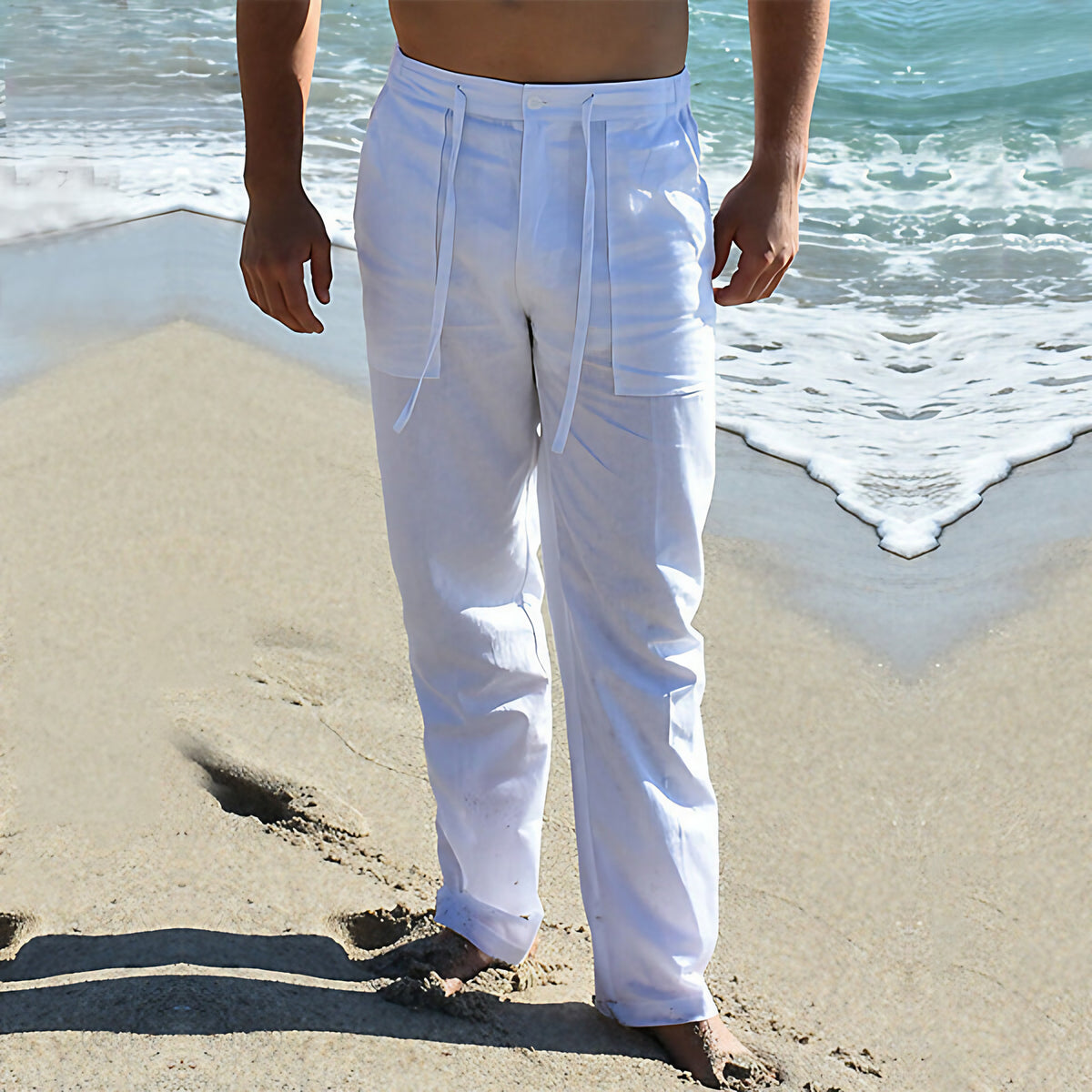 Pantalon d'été homme ample, taille élastique, longueur cheville, blanc