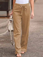 Pantalon large femme taille haute, ceinture à nouer, marron clair