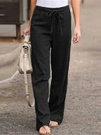 Pantalon large femme taille haute, ceinture à nouer, noir