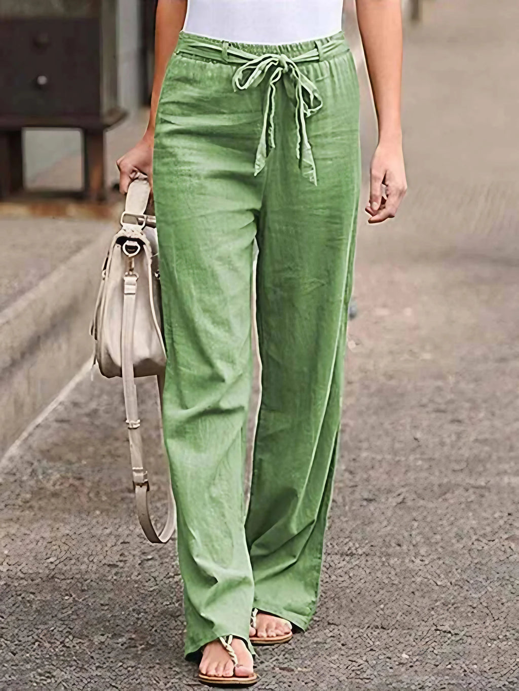 Pantalon large femme taille haute, ceinture à nouer, vert
