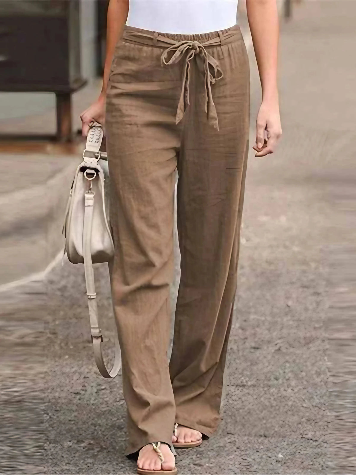 Pantalon large femme taille haute, ceinture à nouer, marron