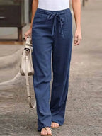 Pantalon large femme taille haute, ceinture à nouer, bleu foncé