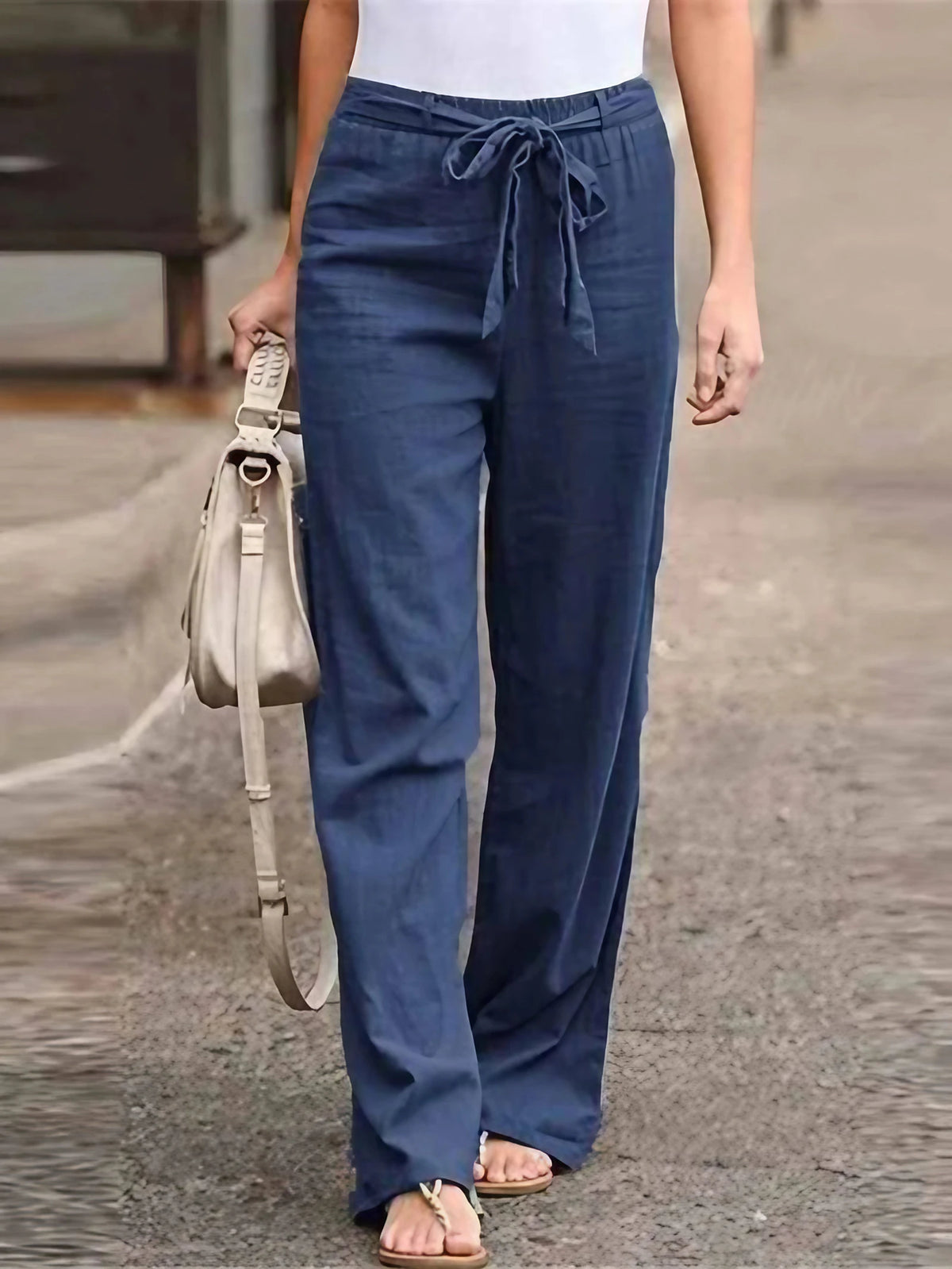 Pantalon large femme taille haute, ceinture à nouer, bleu foncé