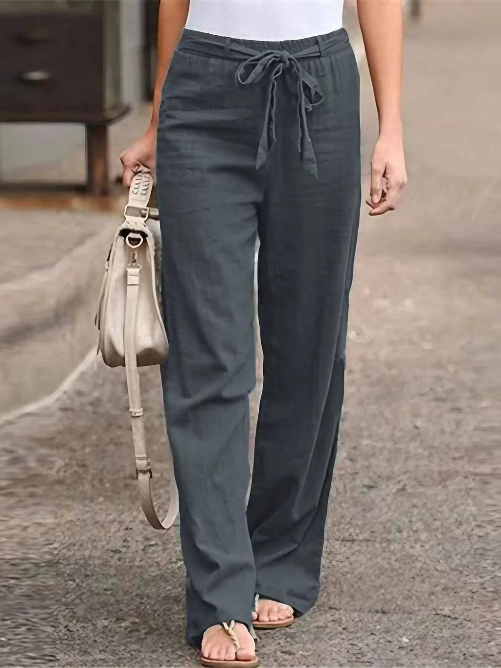 Pantalon large femme taille haute, ceinture à nouer, gris