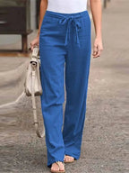 Pantalon d'été femme taille haute, jambes larges, huit coloris, bleu