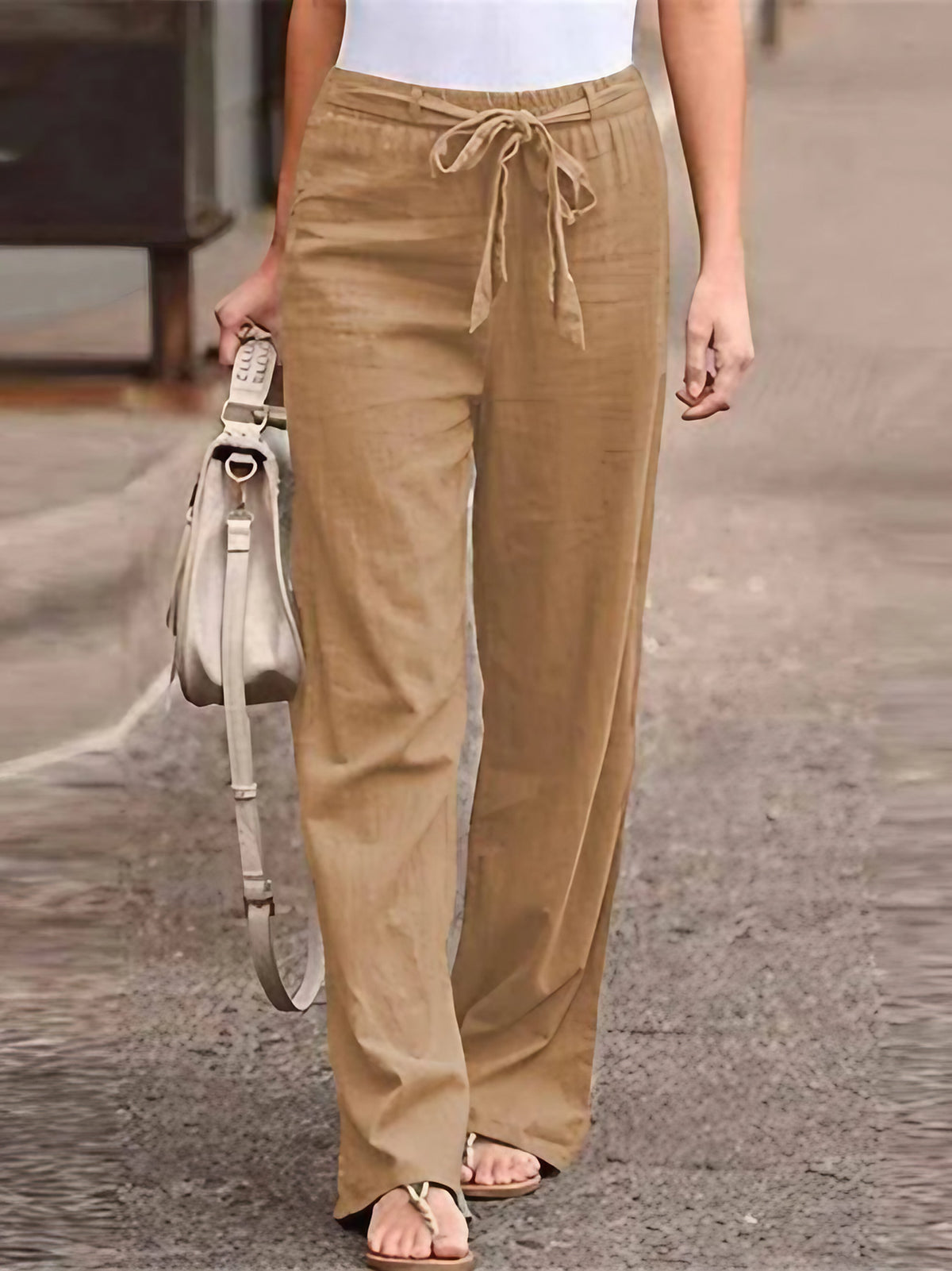 Pantalon d'été femme taille haute, jambes larges, huit coloris, marron clair