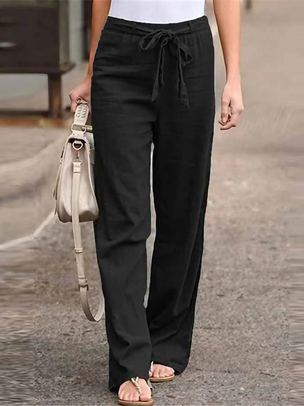 Pantalon d'été femme taille haute, jambes larges, huit coloris, noir