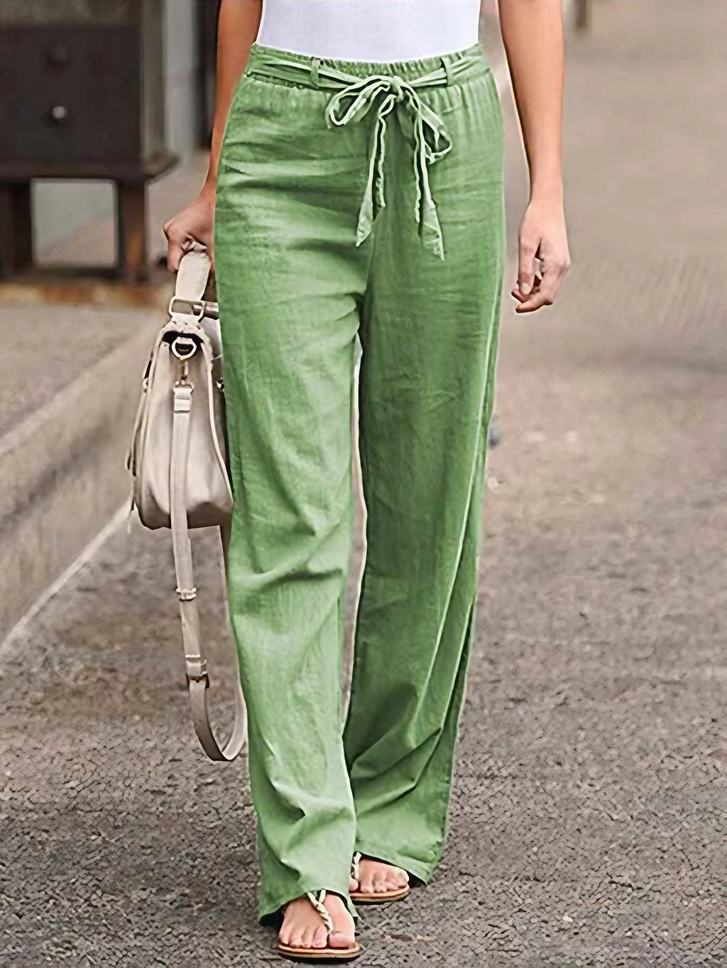 Pantalon d'été femme taille haute, jambes larges, huit coloris, vert