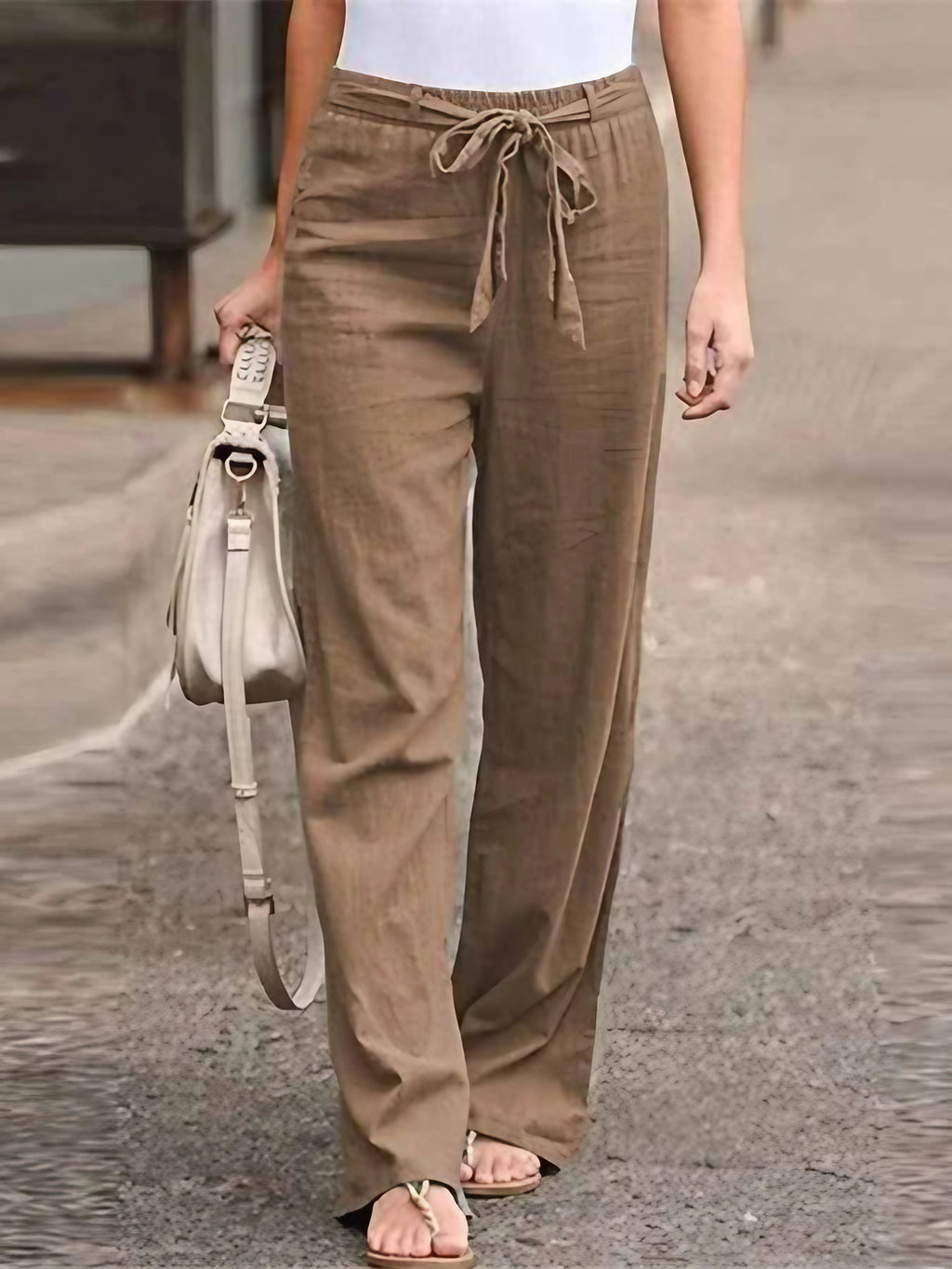 Pantalon d'été femme taille haute, jambes larges, huit coloris, marron