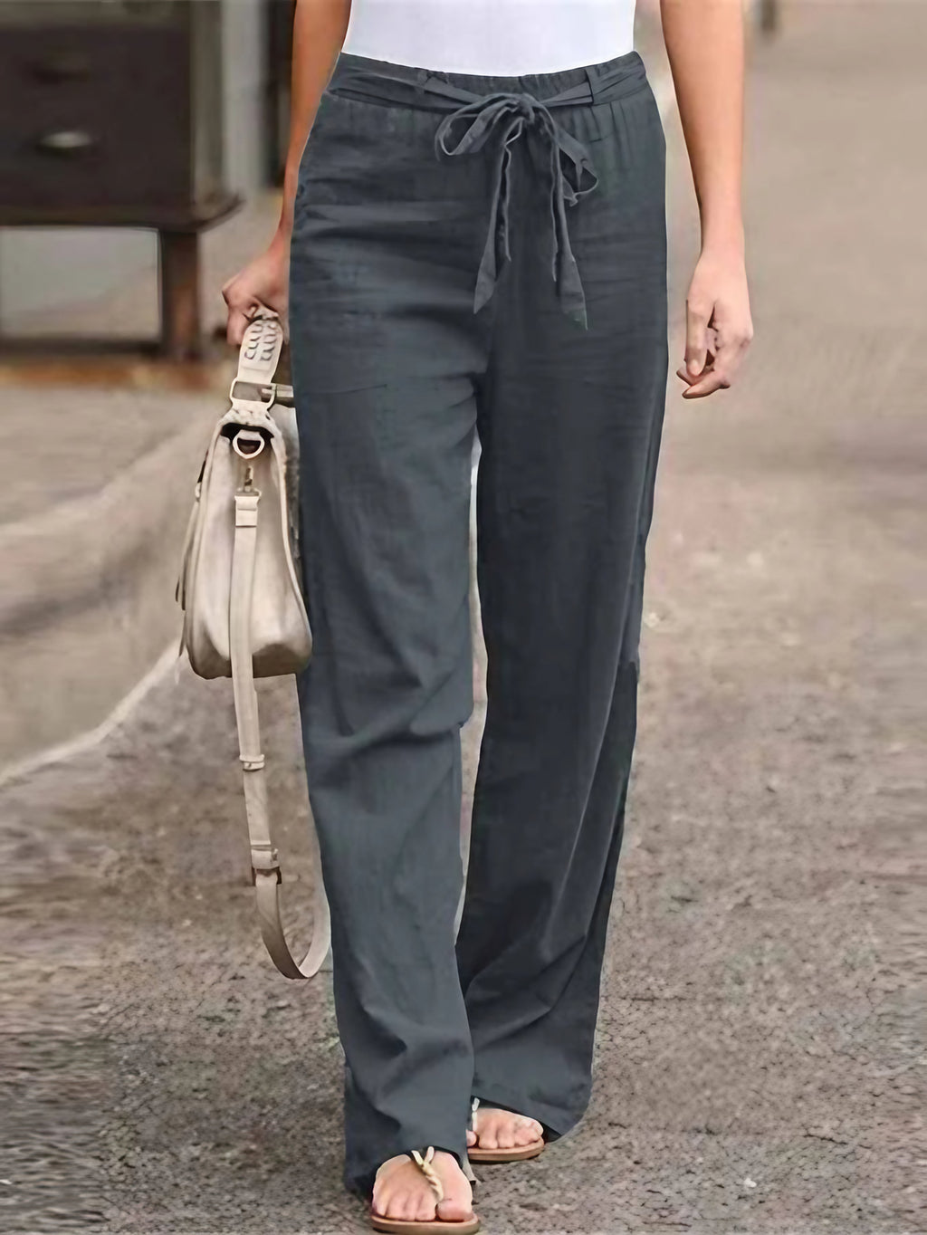 Pantalon d'été femme taille haute, jambes larges, huit coloris, gris