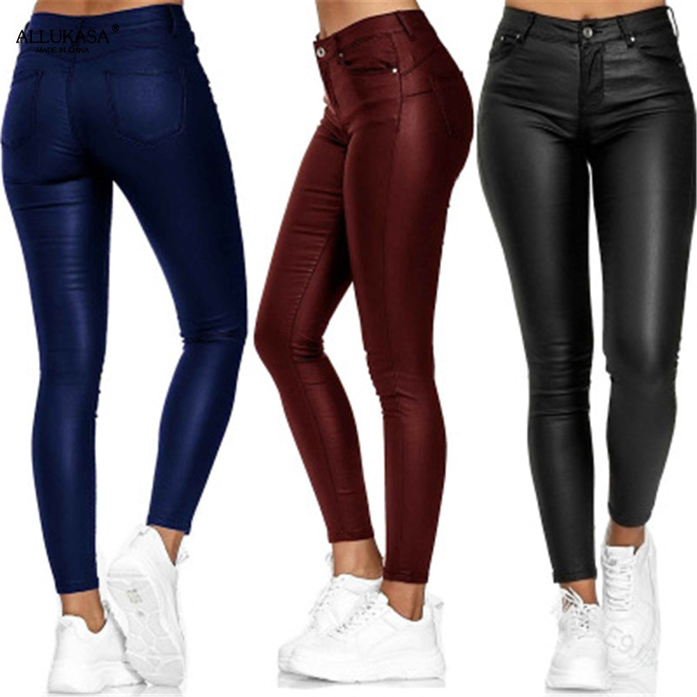 Pantalon en similicuir stretch femme, noir, bleu ou rouge