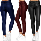 Pantalon en similicuir stretch femme, noir, bleu ou rouge