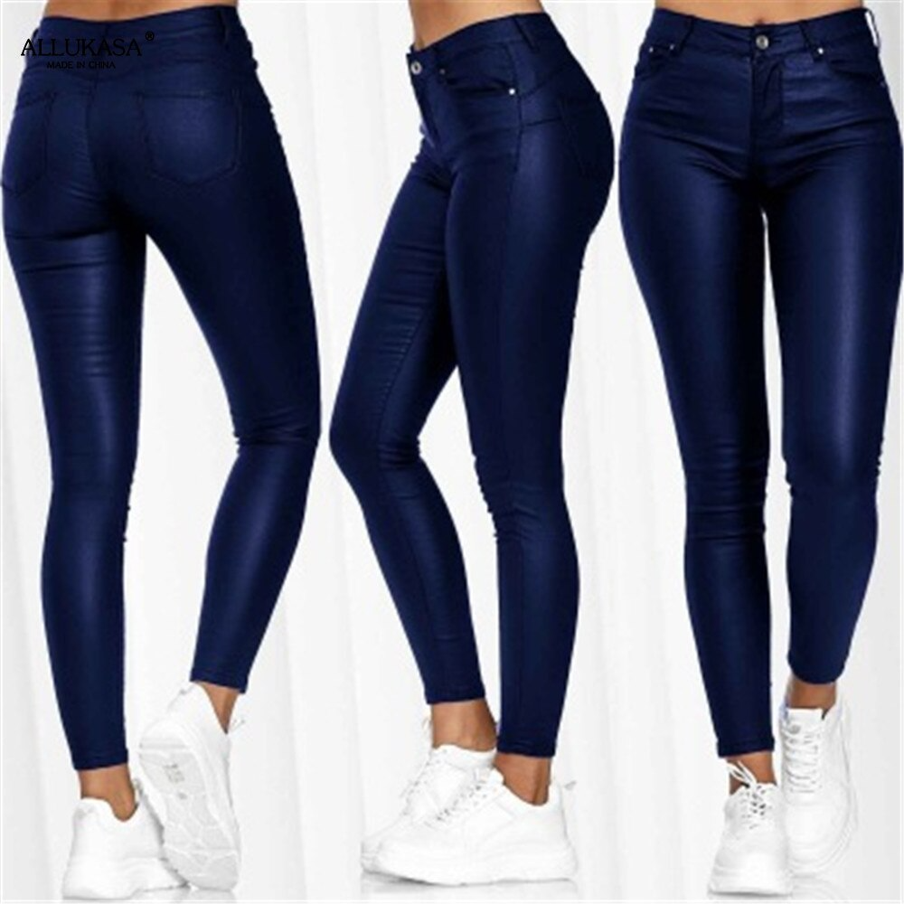 Pantalon en similicuir stretch femme, noir, bleu ou rouge