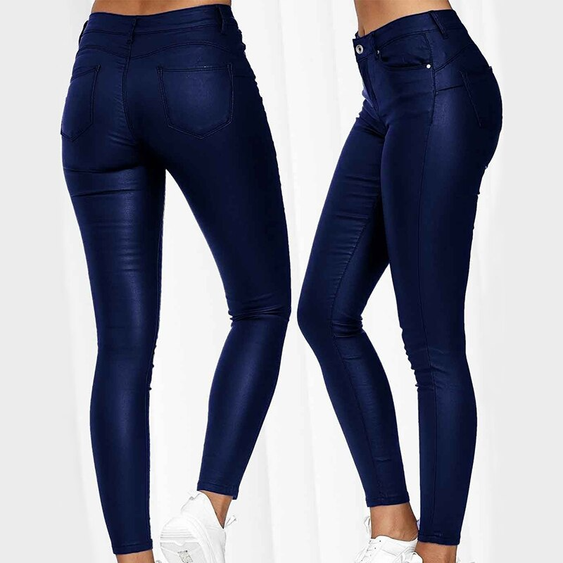 Pantalon en similicuir stretch femme, noir, bleu ou rouge