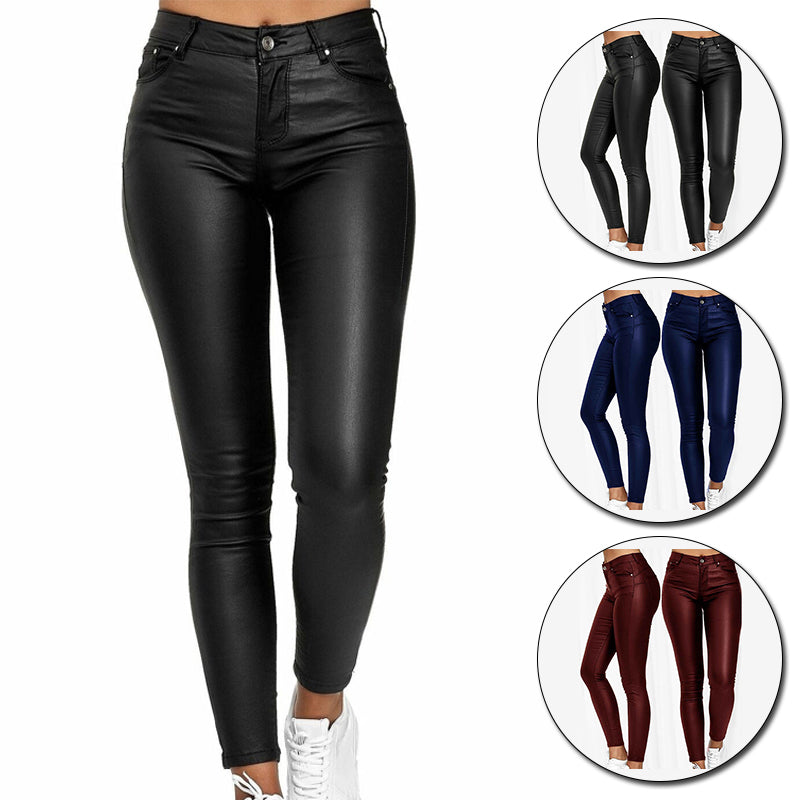 Pantalon en similicuir stretch femme, noir, bleu ou rouge