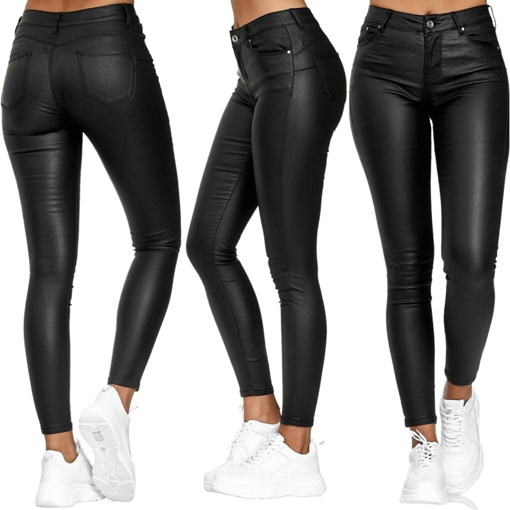 Pantalon en similicuir stretch femme, noir, bleu ou rouge