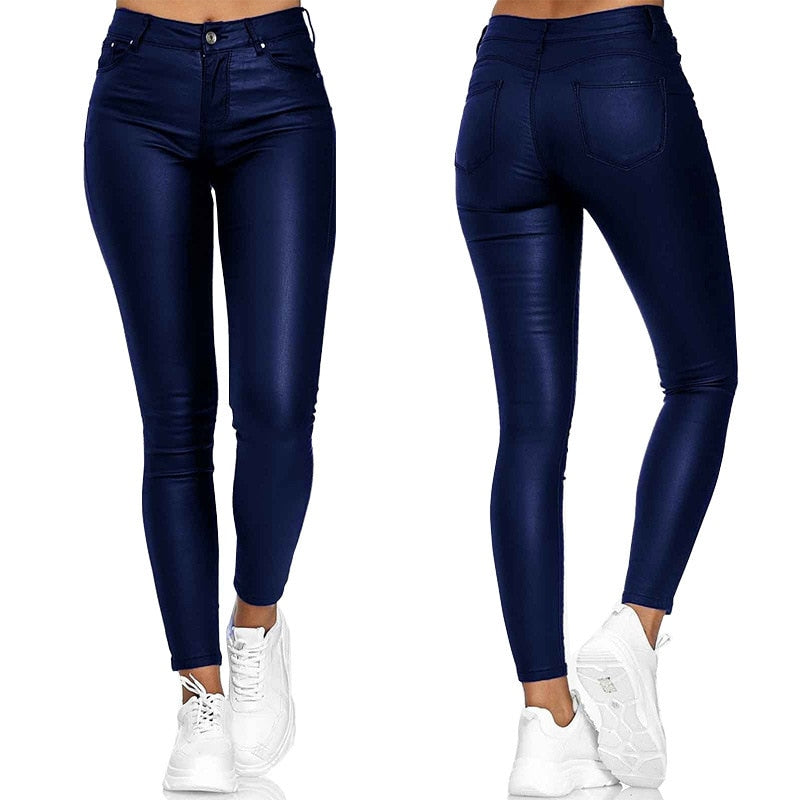 Pantalon en similicuir stretch femme, noir, bleu ou rouge, bleu