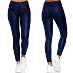 Pantalon en similicuir stretch femme, noir, bleu ou rouge, bleu