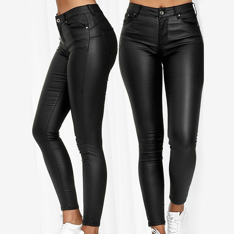 Pantalon en similicuir stretch femme, noir, bleu ou rouge, noir