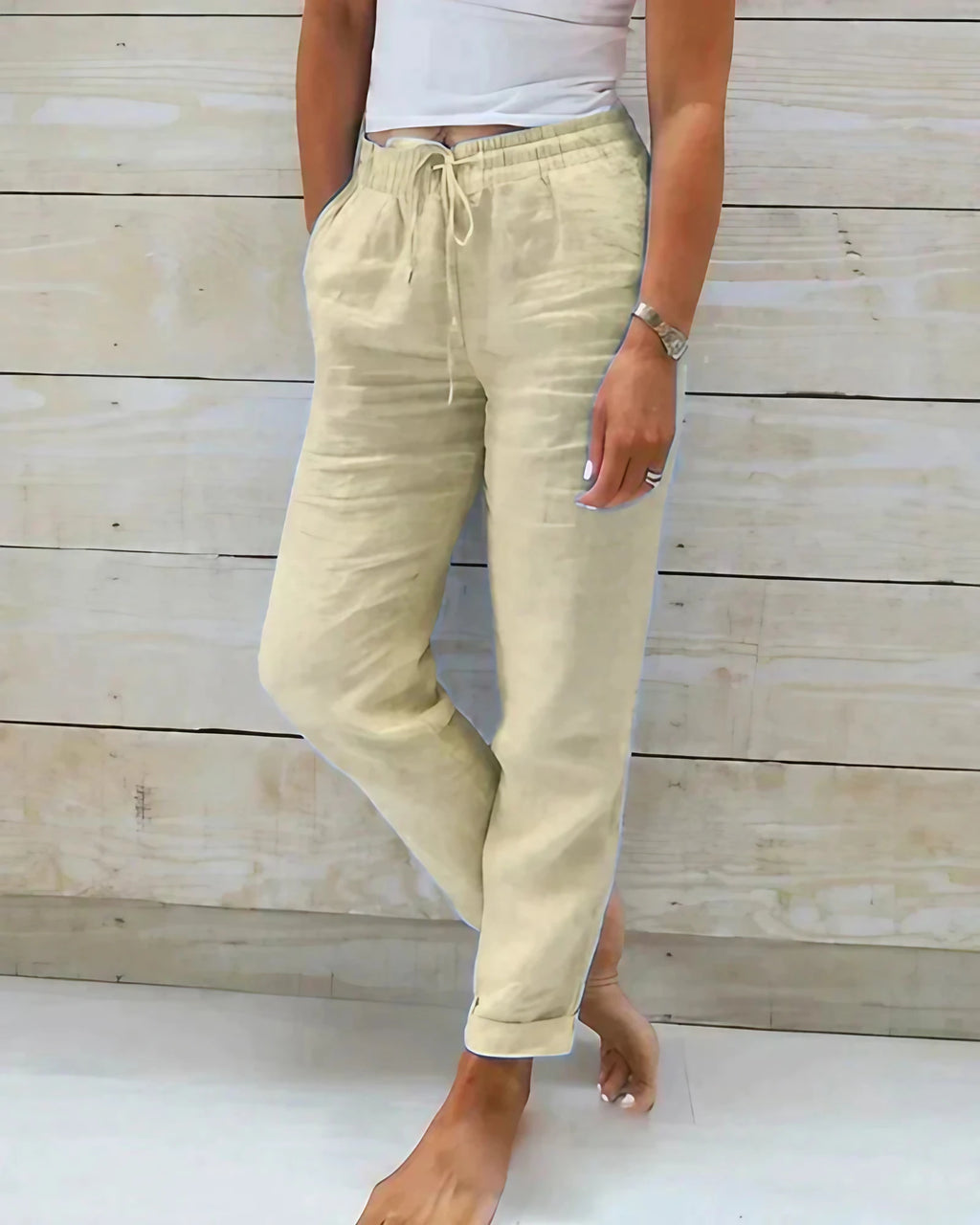 Pantalon en lin léger femme pour l'été, du XS au 4XL, beige