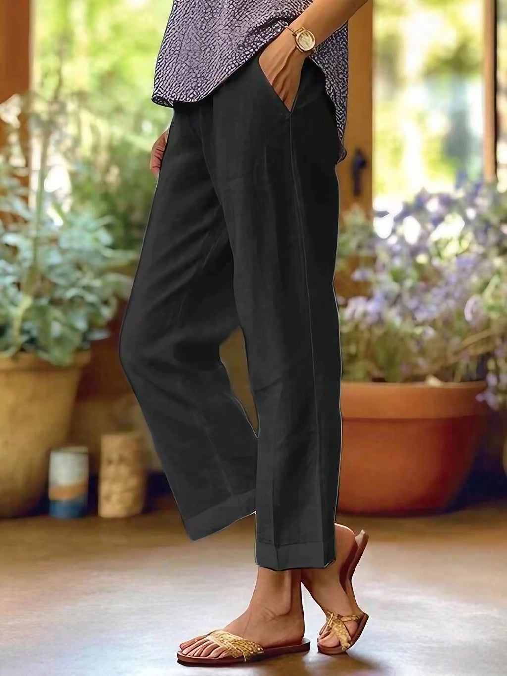 Pantalon fluide femme d'été à taille élastique, du S au 5XL, noir