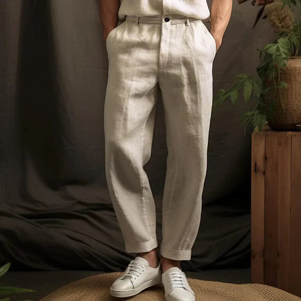 Pantalon d'été homme léger, coupe ajustée, beige, blanc ou noir, beige