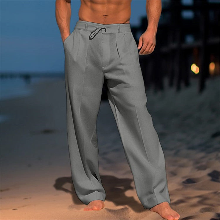 Pantalon homme ample à plis, taille élastique à cordon, gris foncé