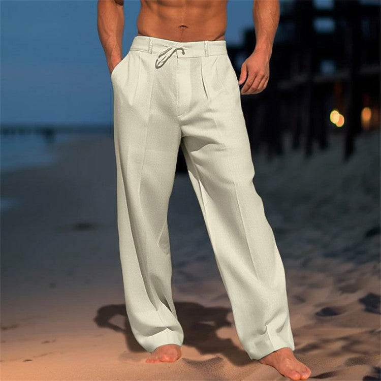 Pantalon homme ample à plis, taille élastique à cordon, kaki