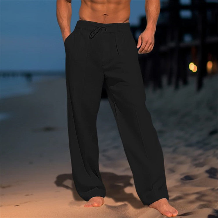 Pantalon homme ample à plis, taille élastique à cordon, noir