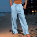 Pantalon homme ample à plis, taille élastique à cordon, bleu clair