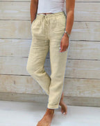 Pantalon femme jambe droite taille haute, deux poches, cinq coloris, kaki