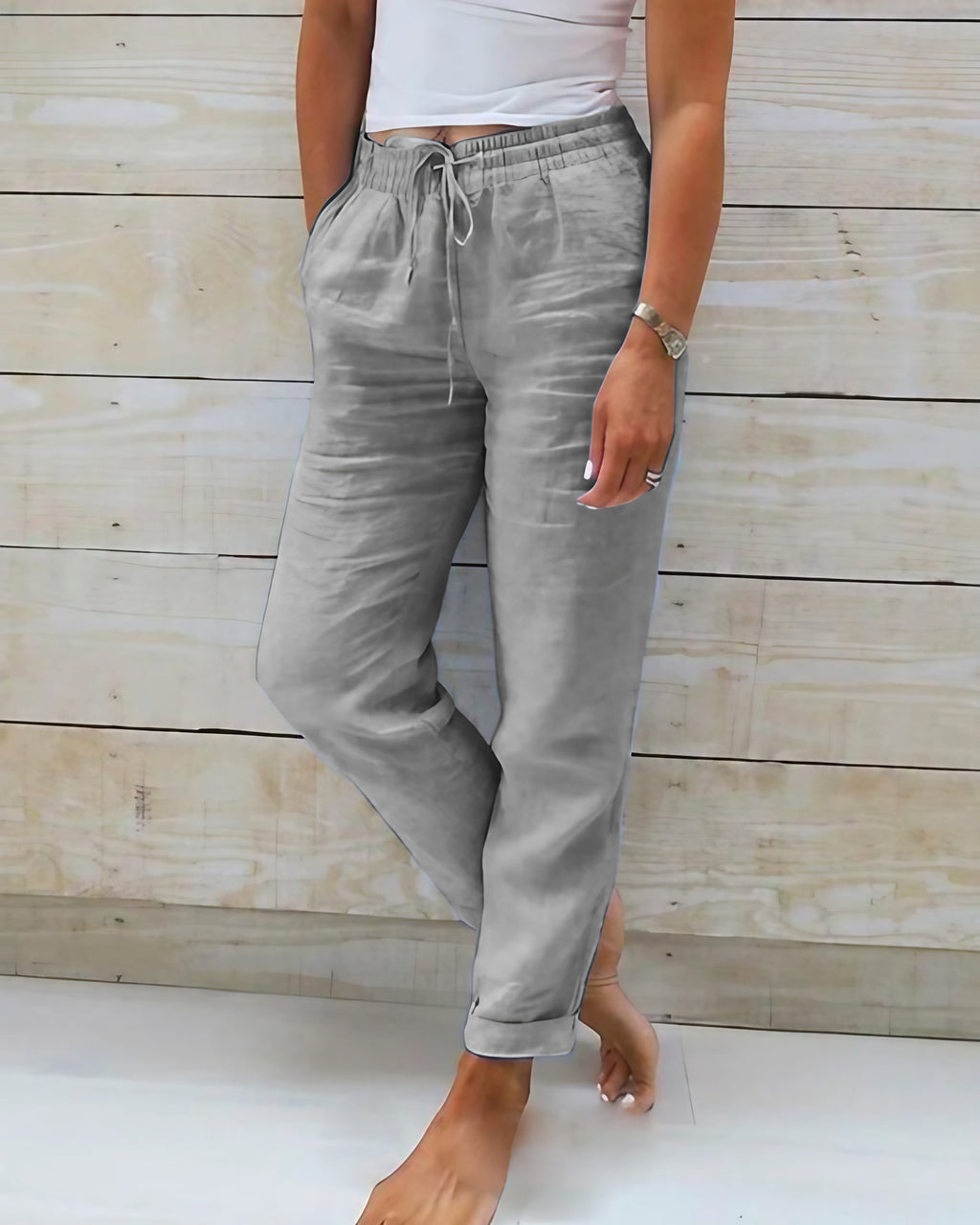 Pantalon femme jambe droite taille haute, deux poches, cinq coloris, gris