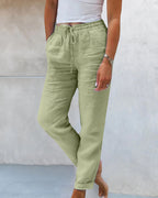 Pantalon femme jambe droite taille haute, deux poches, cinq coloris, vert