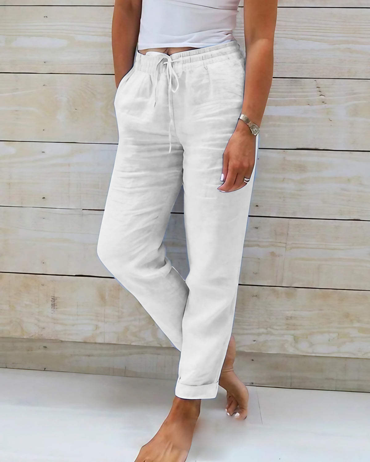 Pantalon femme jambe droite taille haute, deux poches, cinq coloris, blanc