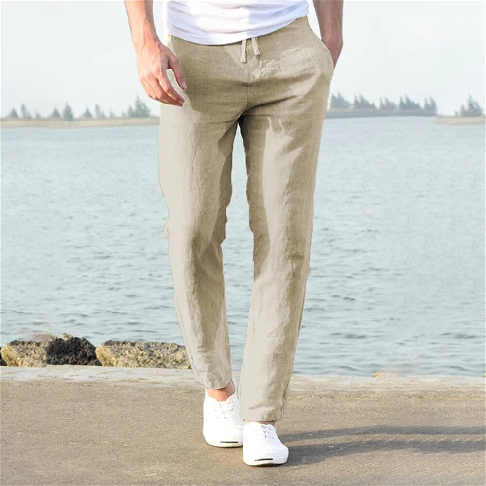Pantalon homme coupe droite à cordon de serrage, six coloris, kaki