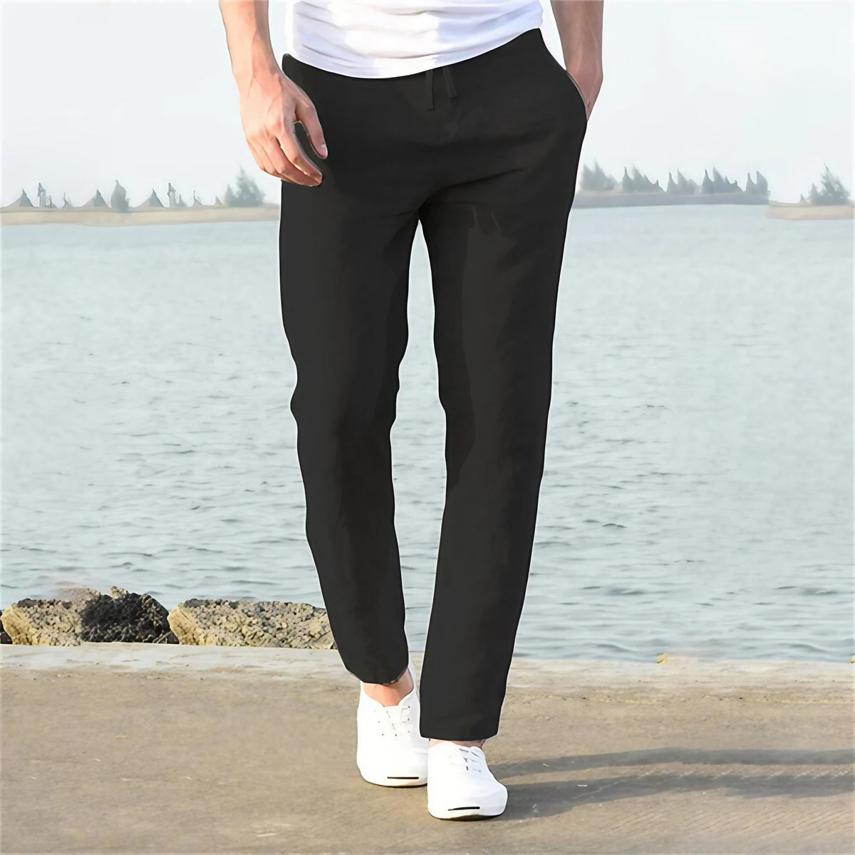Pantalon homme coupe droite à cordon de serrage, six coloris, noir