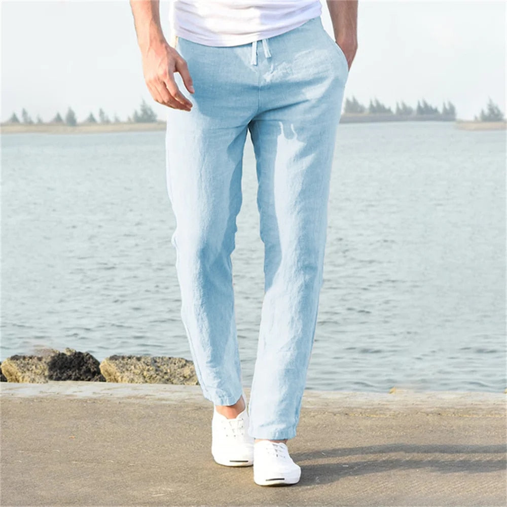 Pantalon homme coupe droite à cordon de serrage, six coloris, bleu clair