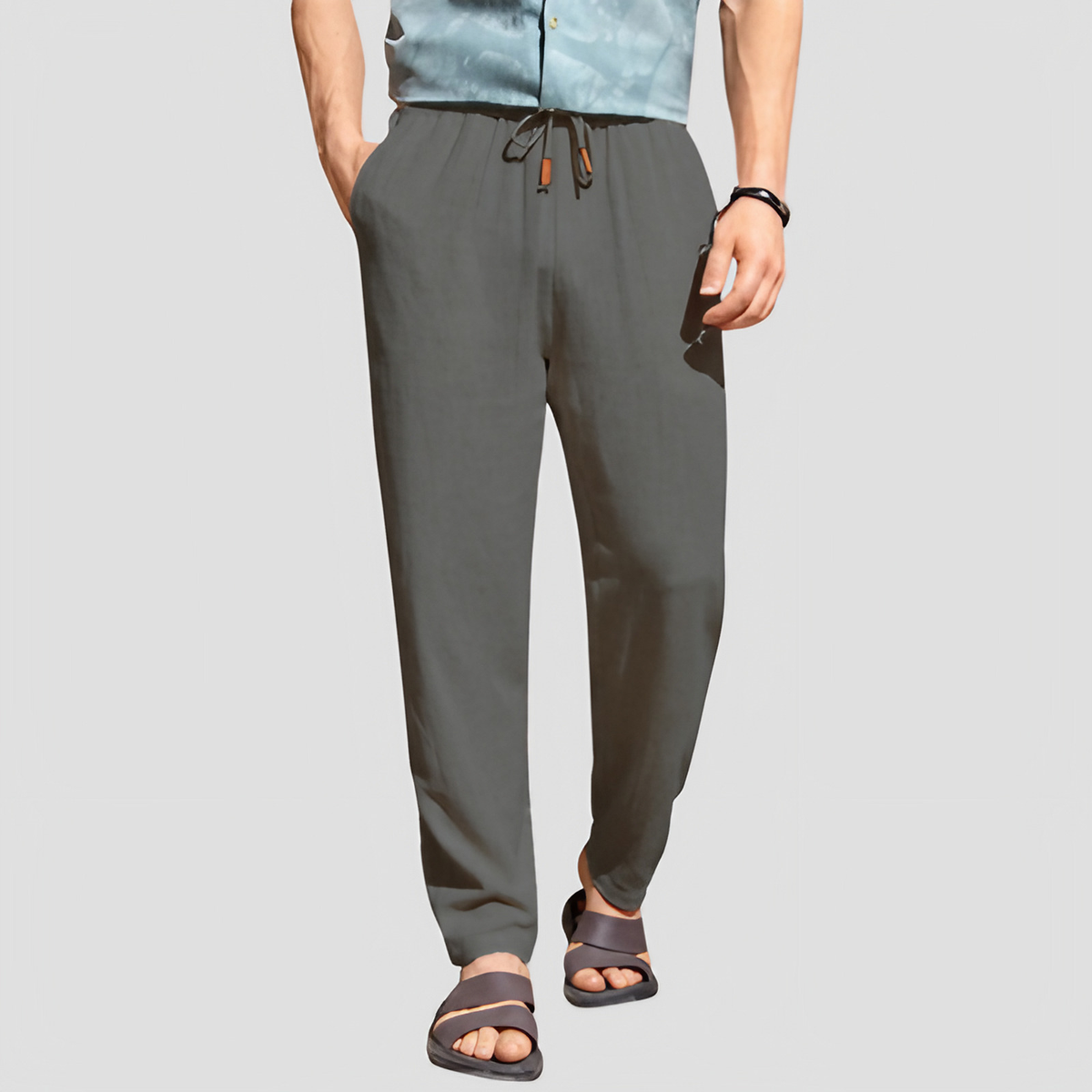 Pantalon d'été homme coupe droite à cordon de serrage, gris foncé
