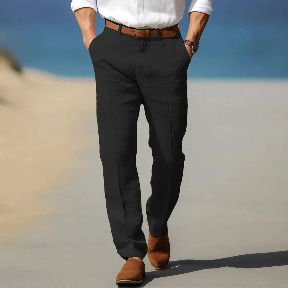 Pantalon d'été homme léger, coupe décontractée, sept coloris, noir
