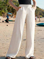 Pantalon large taille haute femme, blanc ou jaune abricot, jaune abricot
