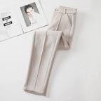 Pantalon fuselé femme taille haute à plis, quatre coloris, blanc