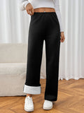 Pantalon large femme effet velours noir, taille élastique, noir