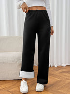 Pantalon large femme effet velours noir, taille élastique, noir