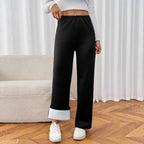 Pantalon large femme effet velours noir, taille élastique